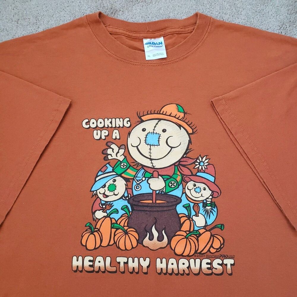 Vintage Y2K Scarecrow Cooking Up A Healthy Harvest Sz XL Mens Orange T-Shirt